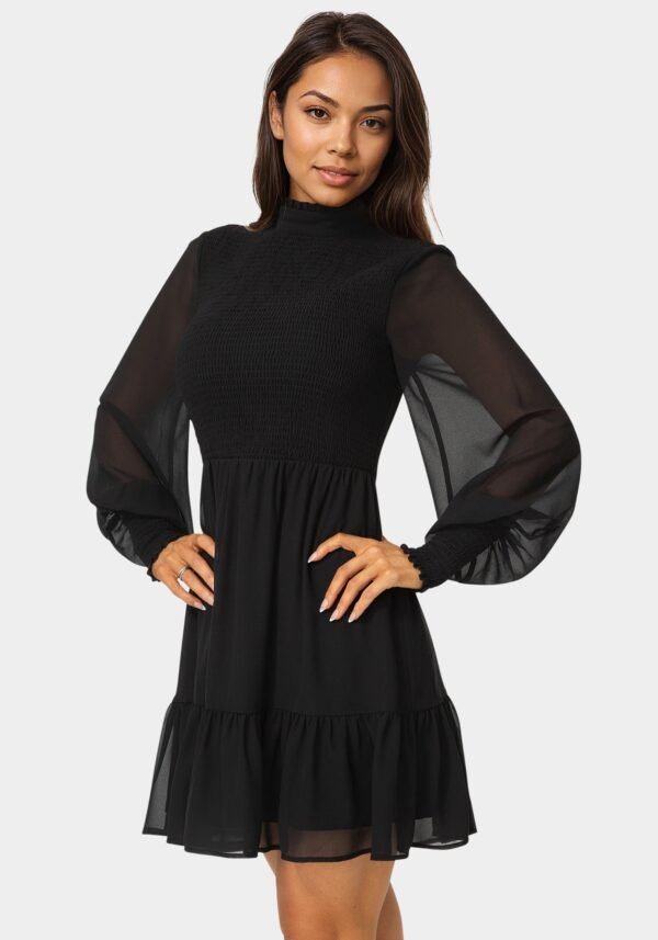 bebe2152_black_2_42bb2224-467b-42ce-98f9-7b6384445971 Long Sleeve Mock Neck Chifon Smocked Mini Dress